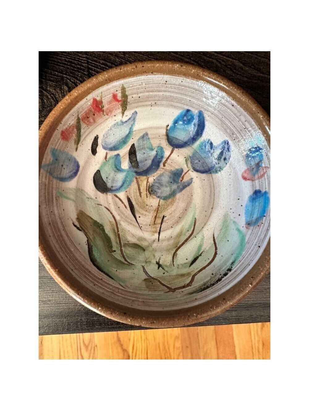 Signed Handmade Ceramic Bowls Set of 2 Blue Floral Pottery Stoneware Dinnerware - Picture 4 of 10